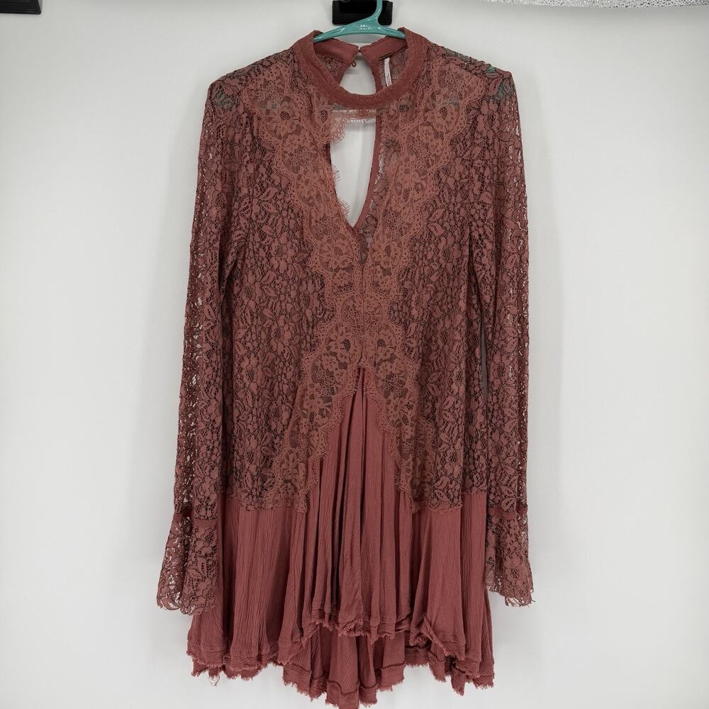 Free People Tell Tale Cutout Lace Tunic Dusty Mauve Taupe Womens Size Medium - Picture 2 of 11